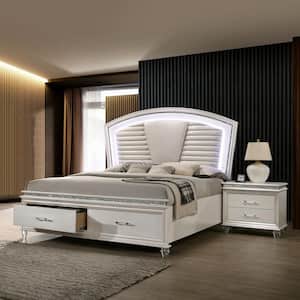Litzler 2-Piece Glam Pearl White Wood King Bedroom Set with 2-Foot Drawers and Nightstand