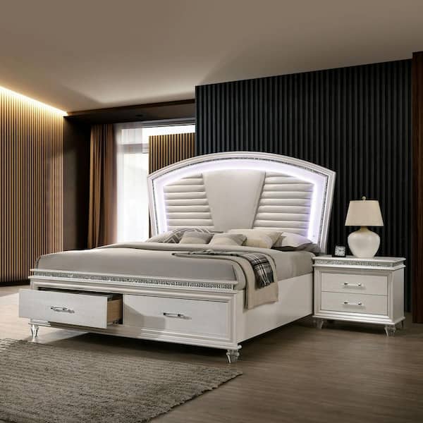 Furniture of America Litzler 2-Piece Glam Pearl White Wood King Bedroom Set with 2-Foot Drawers and Nightstand