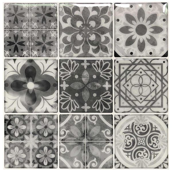 LONGKING 11.8 in. x 11.8 in. Vinyl Peel and Stick Decorative Wall Tile Backsplash in Gray Talavera Design (10 Pack)