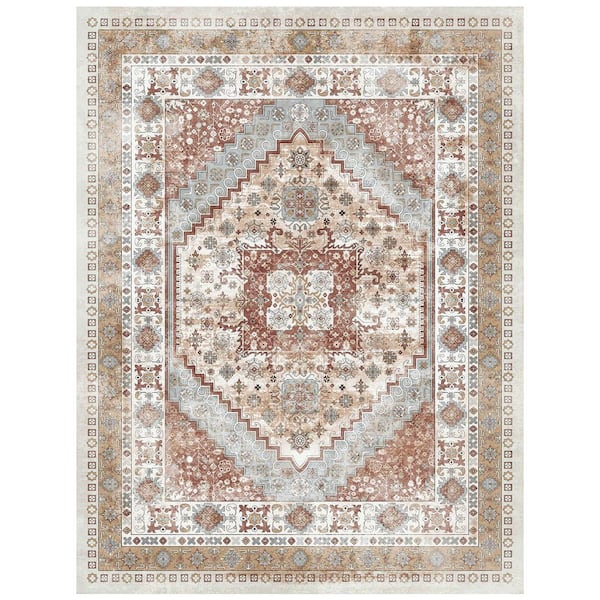 9 x 12 ft. Brown Large Washable Rug, Non-Slip Tear-Resistant Soft Carpet, Pet-Friendly Vintage 2025 Update Area Rug