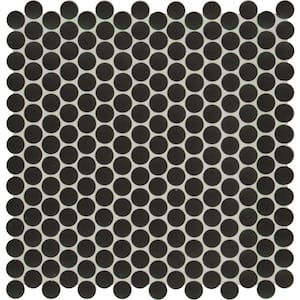 Take Home Tile Sample - Penny Round Nero 4 in. x 4 in. Glossy Porcelain Mosaic Tile