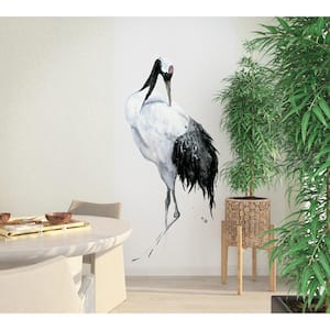 Kumano Collection White/Black One Painted Crane 2-Panel Wall Mural 8.8 ft. high x 3.4 ft. wide