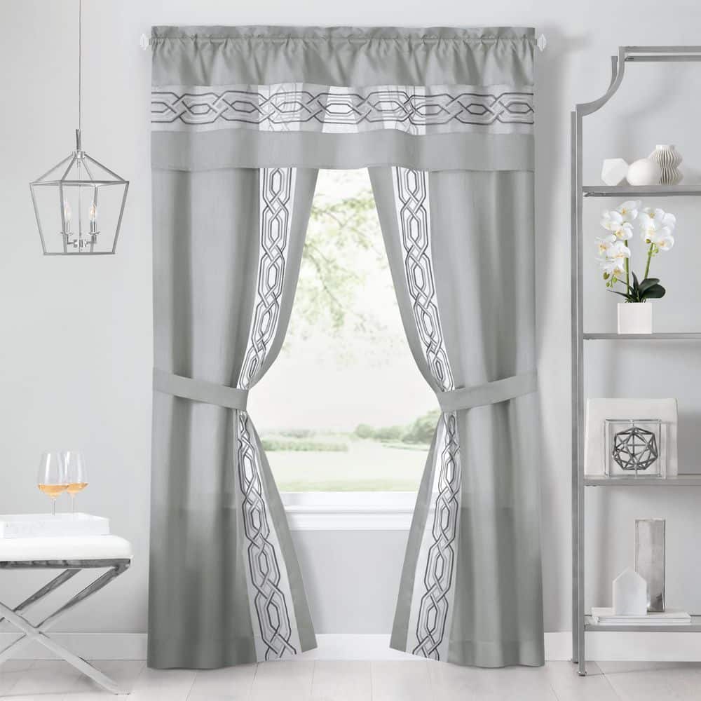 White Geometric Embroidered Sheer 5-Piece Curtain Set