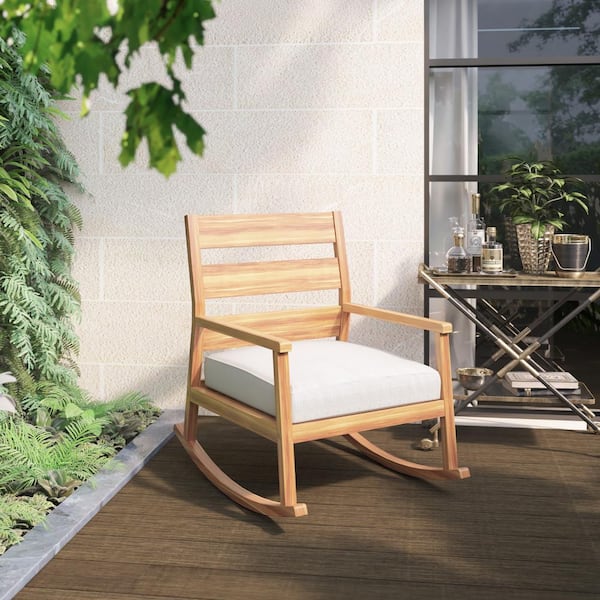 TK CLASSICS Acacia Wood Outdoor Rocking Chair with Vanilla White Cushions