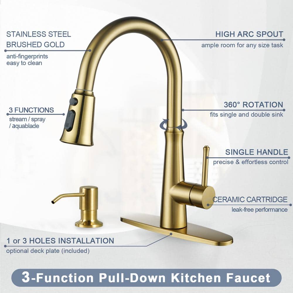 Gold Stainless Steel High-Arc Kitchen Faucet with Pull-out Spray
