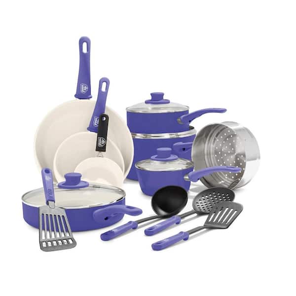 Aoibox 16-Piece Ceramic Kitchen Cookware Pots and Frying Sauce Saute Pans Set, Periwinkle, Purple
