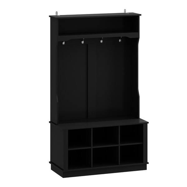 FUFU&GAGA Black Painted Hall Tree with Shoe Bench, Hanging Hooks, and