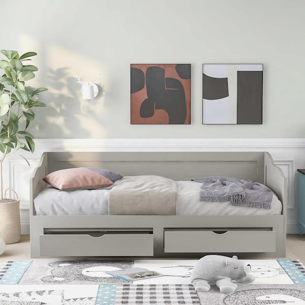Gray Wooden Twin Daybed with Trundle Bed and Two Storage Drawers, Extendable Bed Daybed, Sofa Bed with Two Drawers