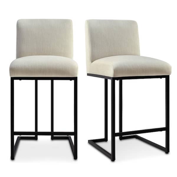 Elevens 25 in. Beige High Back Metal Frame Counter Height Fabric Bar Stool (Set of 2)