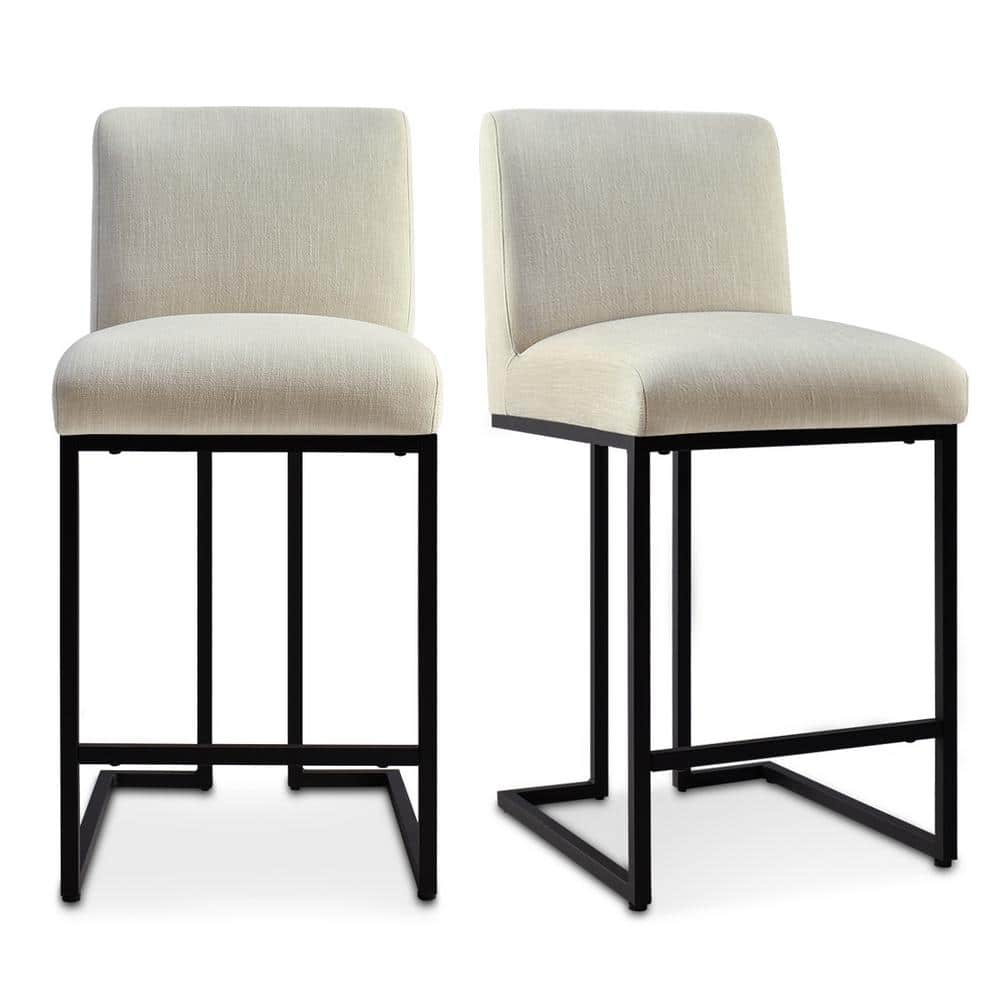 Beige Upholstered Counter Stools with Black Metal Sled Legs, Set of 2