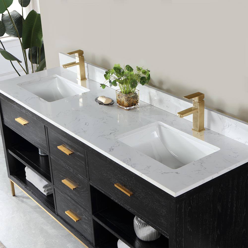 Kesia 72" Black Oak Double Vanity with White Stone Countertop