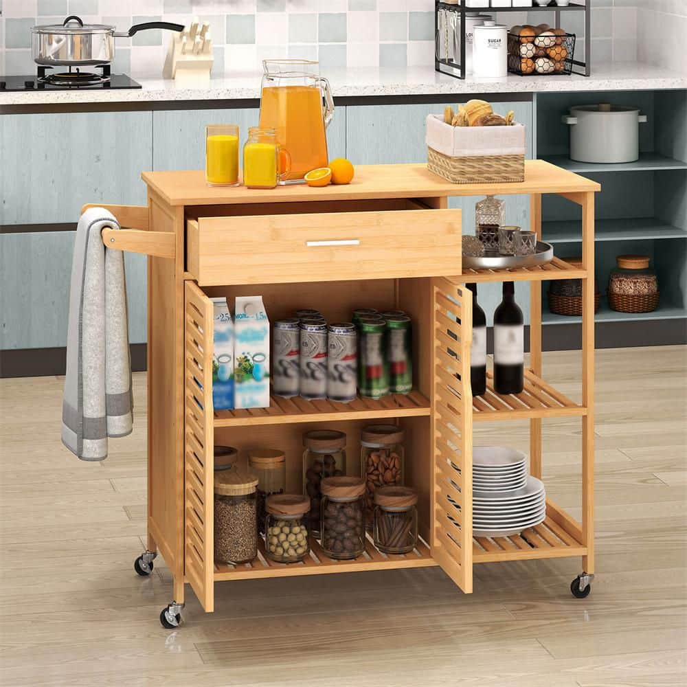 Wood Kitchen Island Cart with Lockable Wheels