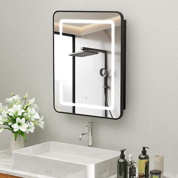 HOMEIBRO 16 in. W x 24 in. H Bright Rectangular Silver Wall Mount LED Lighted Medicine Cabinet with Mirror