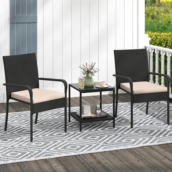 3 Piece Patio Furniture Set with 2-Tier Table Tempered Glass Tabletop and Soft Cushions Brown