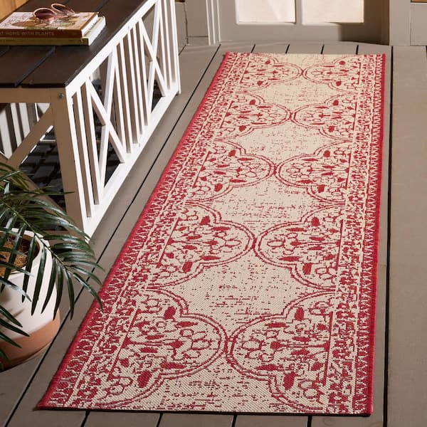Beach House 2 ft. x 6 ft. Red/Creme Damask Floral Indoor/Outdoor Runner Rug