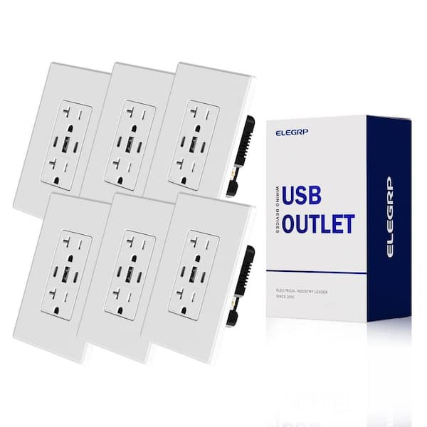 30W 6.0 Amp 3-Port USB Wall Outlet, 20A Duplex Receptacle w/Dual Type C & A Ports,UL Listed, w/Wall Plate,Matte WH 6PC