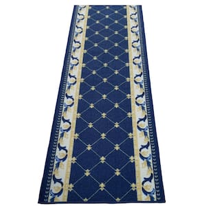 Trellis French Blue Color 31 in. Width x Your Choice Length Custom Size Roll Runner Rug/Stair Runner