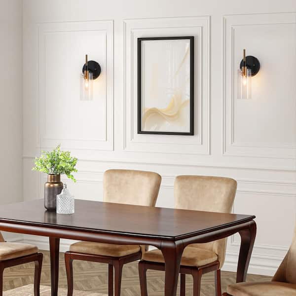 Modern 1-Light Brass Gold Wall Sconce, Black Bathroom Vanity Light with Open Cylinder Clear Glass Shades DIY Wall Light