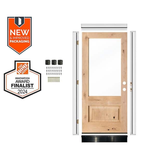 36in.x80in. KnottyAlder LH 3/4-Lite Clear Glass Unfinished Wood AssemblyRequired Front Door Kit w/QuickAssembleJamb