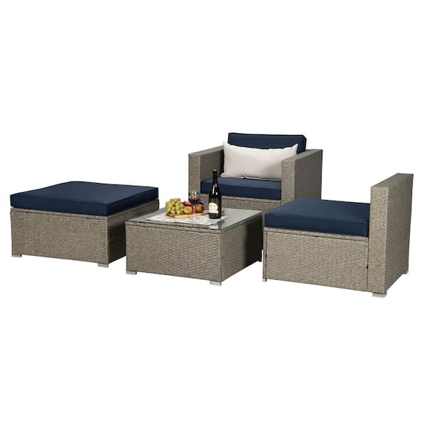 maocao hoom Gray 4-Piece Wicker Outdoor Patio Sectional Set with Navy Blue Cushions
