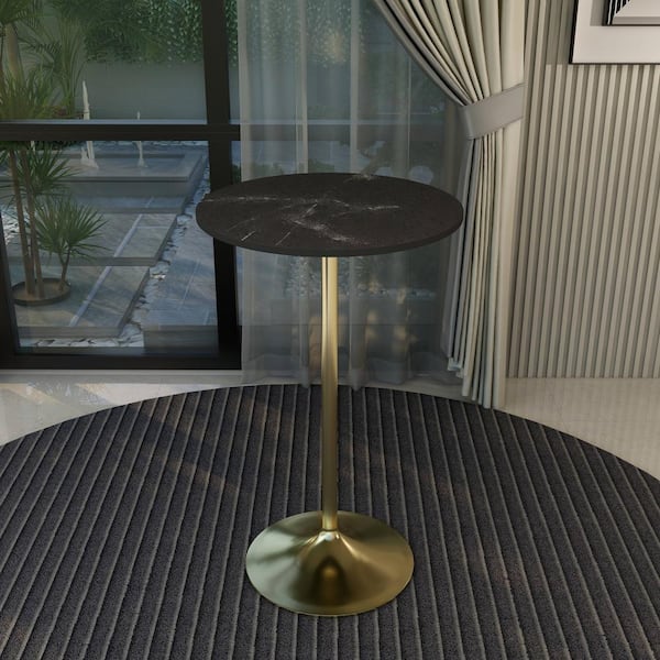 Leisuremod Round 27 in. Bar Height Dining Table with MDF Top and Gold Steel Pedestal Base Verve Series in Black Marbleized