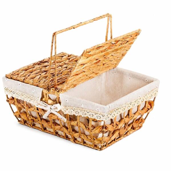 14-Inch Water Hyacinth and Seagrass Hand Woven Wicker Picnic Basket with Handle and Lid, Removable Liner, Seaweed