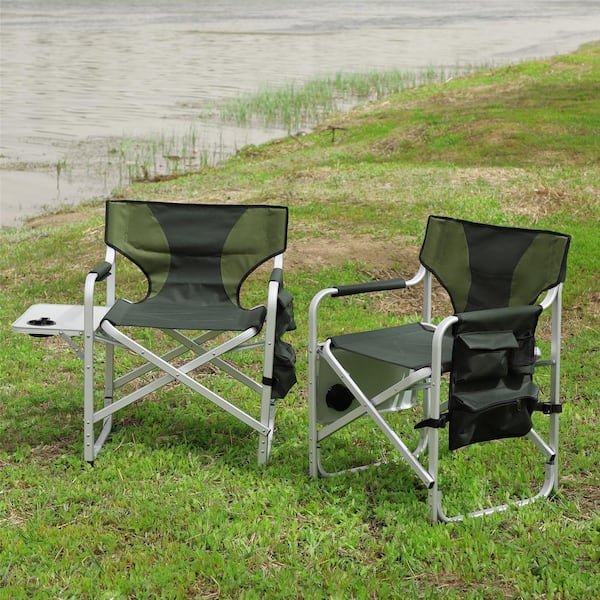 AULEDIO Pack of 2 Folding Metal Outdoor Lawn Chair with Side Table and Storage Pockets, Green