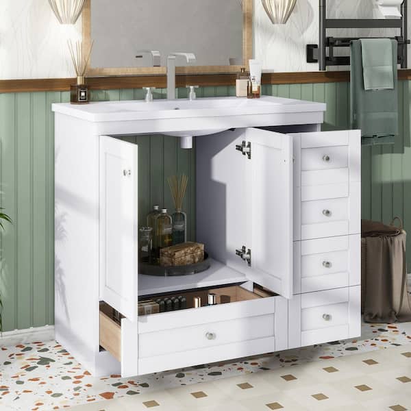 36 in. W x 18 in. D x 35 in. H Single Sink Fresstanding Bath Vanity in White with White Resin Top and 4 Drawers