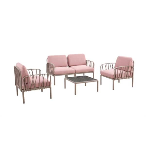 Misopily 4-Piece Brown Plastic Outdoor Conversation Set with Coffee Table and Pink Cushions for Patio, Balcony, Backyard