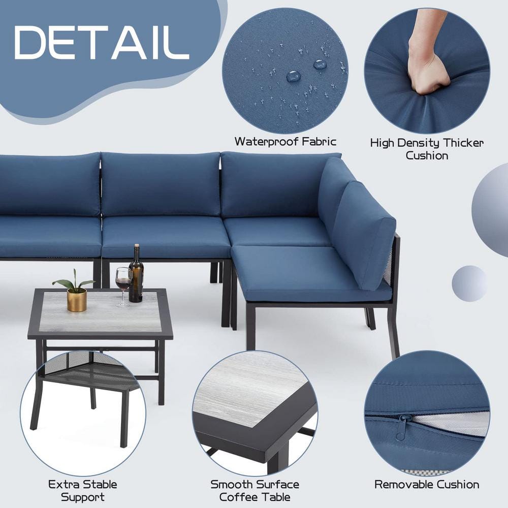 7-Piece Blue Cushioned Iron Patio Sectional Set