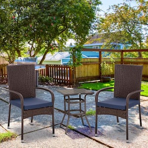 Brown PE Rattan Outdoor Dining Chairs with Blue Cushions (2-Pack)