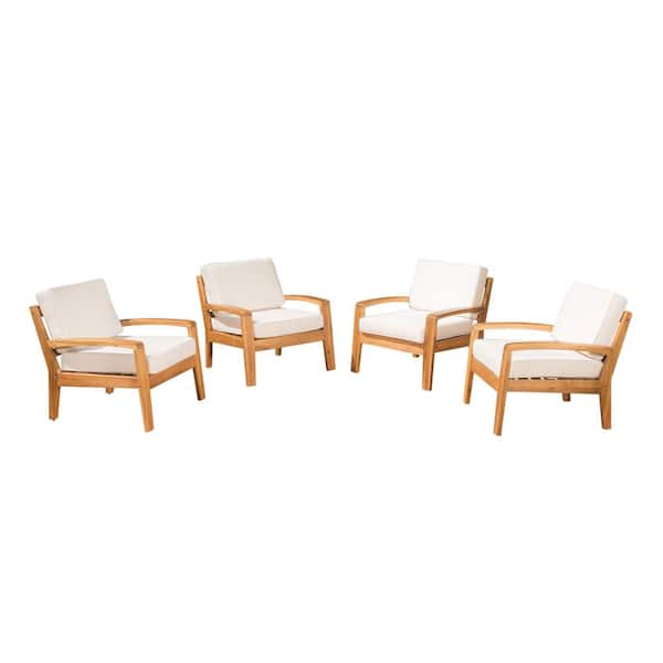 Teak Finish Wood Outdoor Patio Lounge Chairs with Beige Cushion (4-Pack)