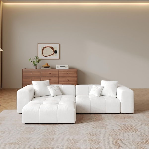 104.8 in. Square Arm 3-Piece Linen L-Shaped Sponge Tufted Modular Free Combination Sectional Sofa with Ottoman in. White