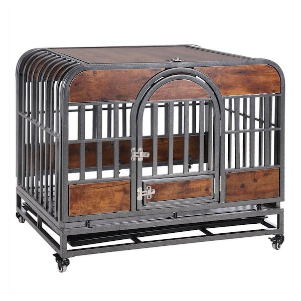 Miscool Any 32 in. W Heavy-Duty Dog Crate, Furniture Style Dog Crate Removable Trays and Wheels for High Anxiety Dogs in Brown