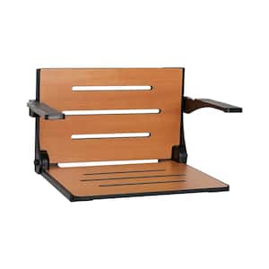 Silhouette Comfort Folding Wall Mount Shower Bench Seat with Arms, Teak Seat with Matte Black Frame