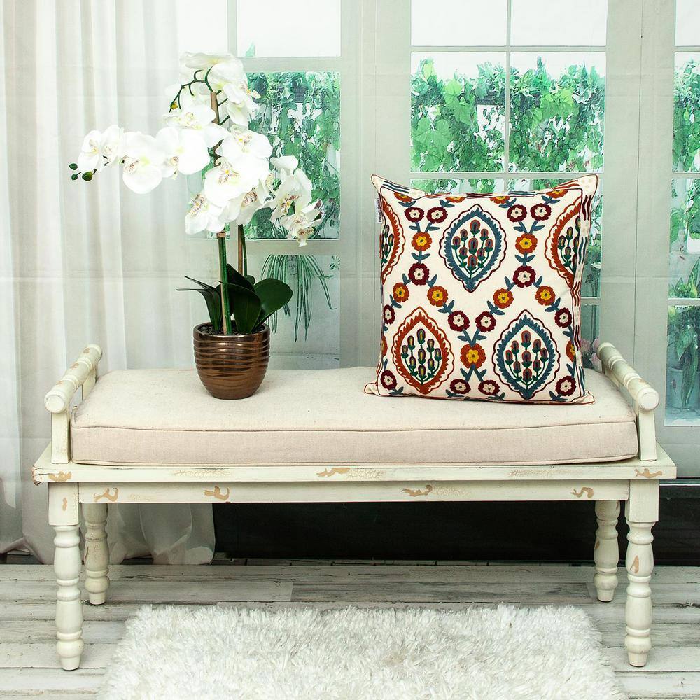 Florina Beige and Multicolor Cotton Embroidered Square Pillow