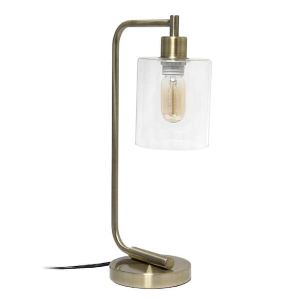 18.8 in. Antique Brass Vintage Bronson Antique Style Industrial Iron Lantern Desk Table Lamp with Glass Cylinder Shade