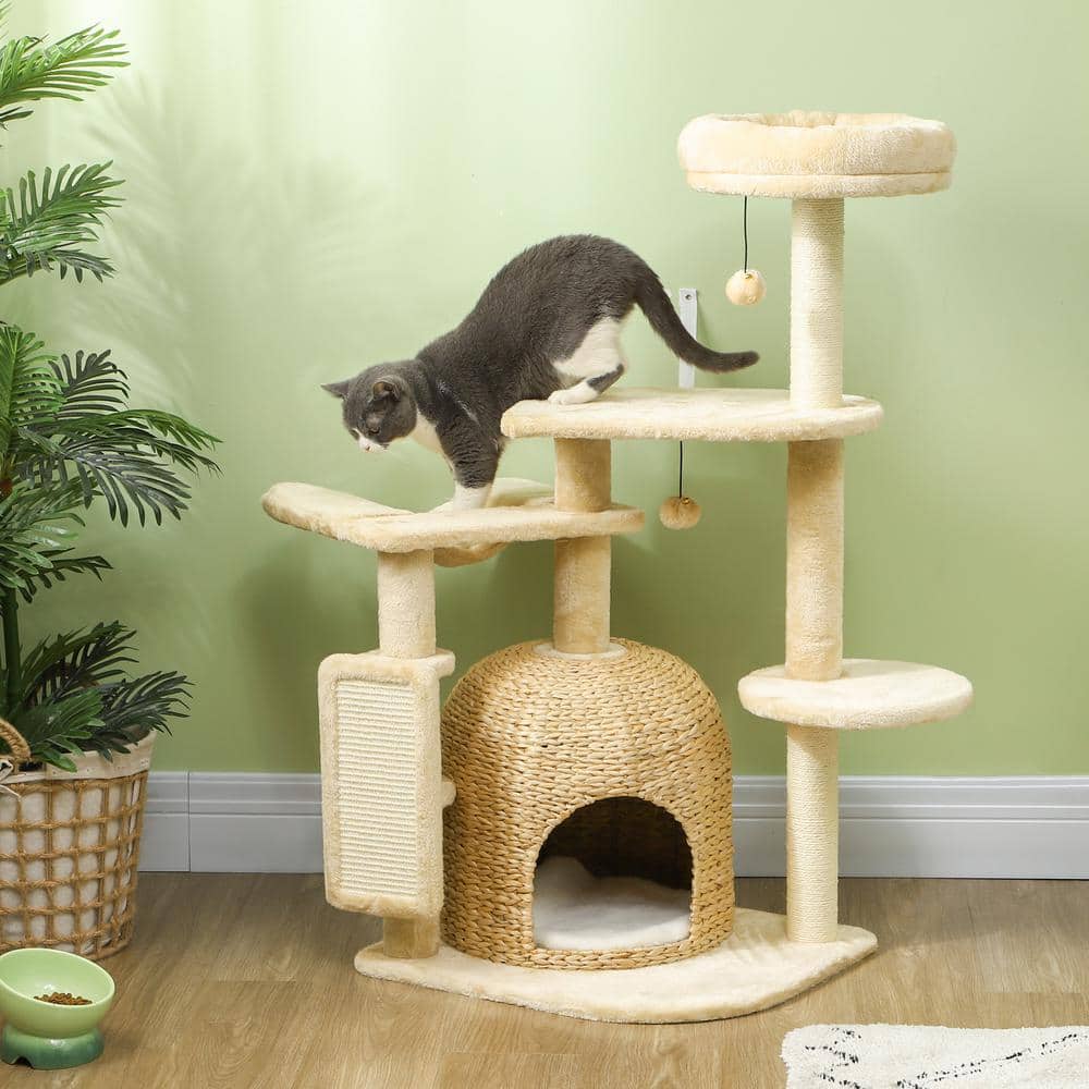Beige Plush and Wicker 44" Cat Tree Tower with Hammock