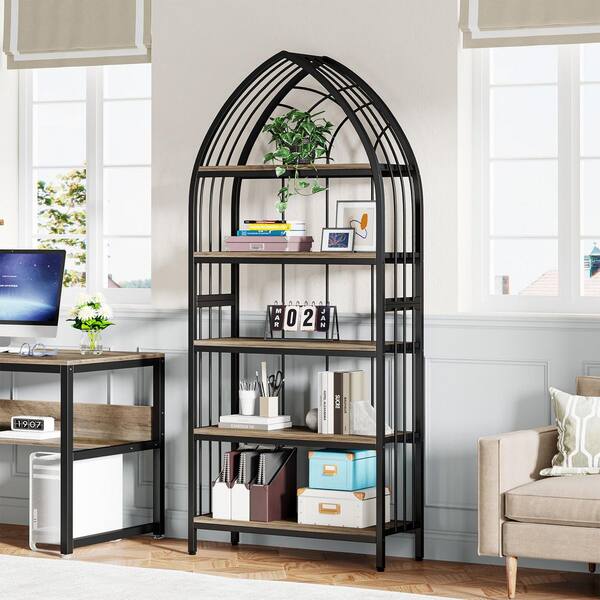 BYBLIGHT Eulas 74.8 in. Oak Wood 5-Shelf Etagere Bookcase with