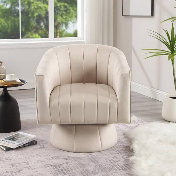 Hochwertiges Modern Comfy Beige Velvet Upholstered Accent Chair Swivel Barrel Chair with Tufted Back and Solid Wood Base