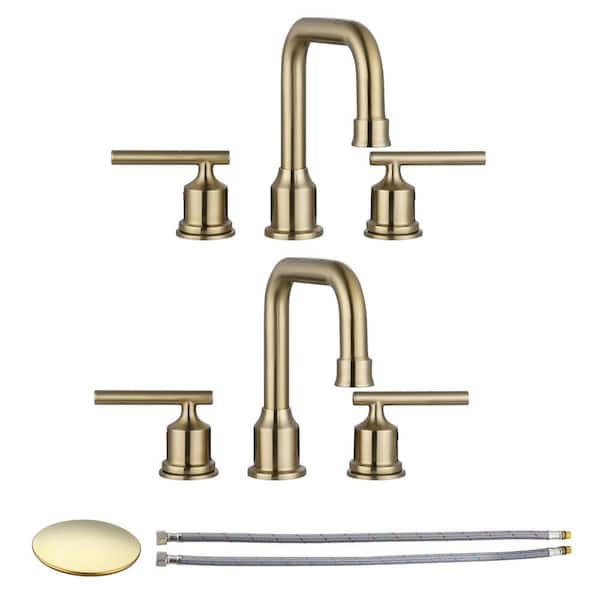 8 in. Widespread Lead-Free Double Handle Bathroom Faucet with Pop-up Drain and Supply Lines in Brushed Gold (2 Pack)