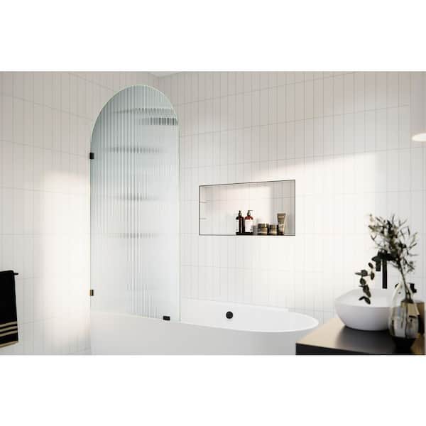 Maven 34 in. W x 66.75 in. H Single Fixed Frameless Arched Tub Door in Matte Black with Fluted Glass