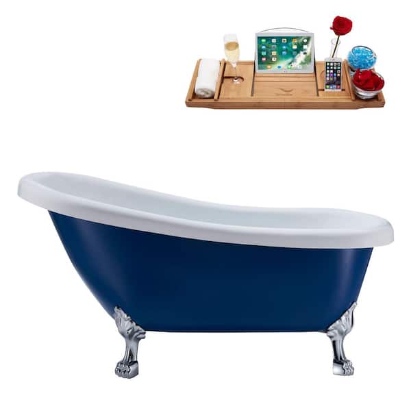 Streamline 61 in. Acrylic Clawfoot Non-Whirlpool Bathtub in Matte Dark Blue With Polished Chrome Clawfeet And Polished Gold Drain
