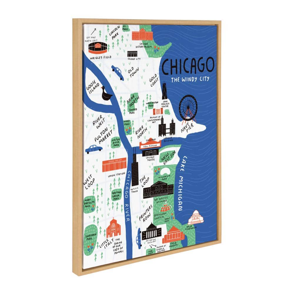 Chicago Illustration Framed Canvas Art in Natural Wood Frame