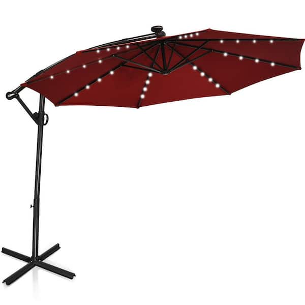 Unbranded Outdoor 10 ft. Solar Powered LED Patio Cantilever Umbrella with Cross Base, Dark Red