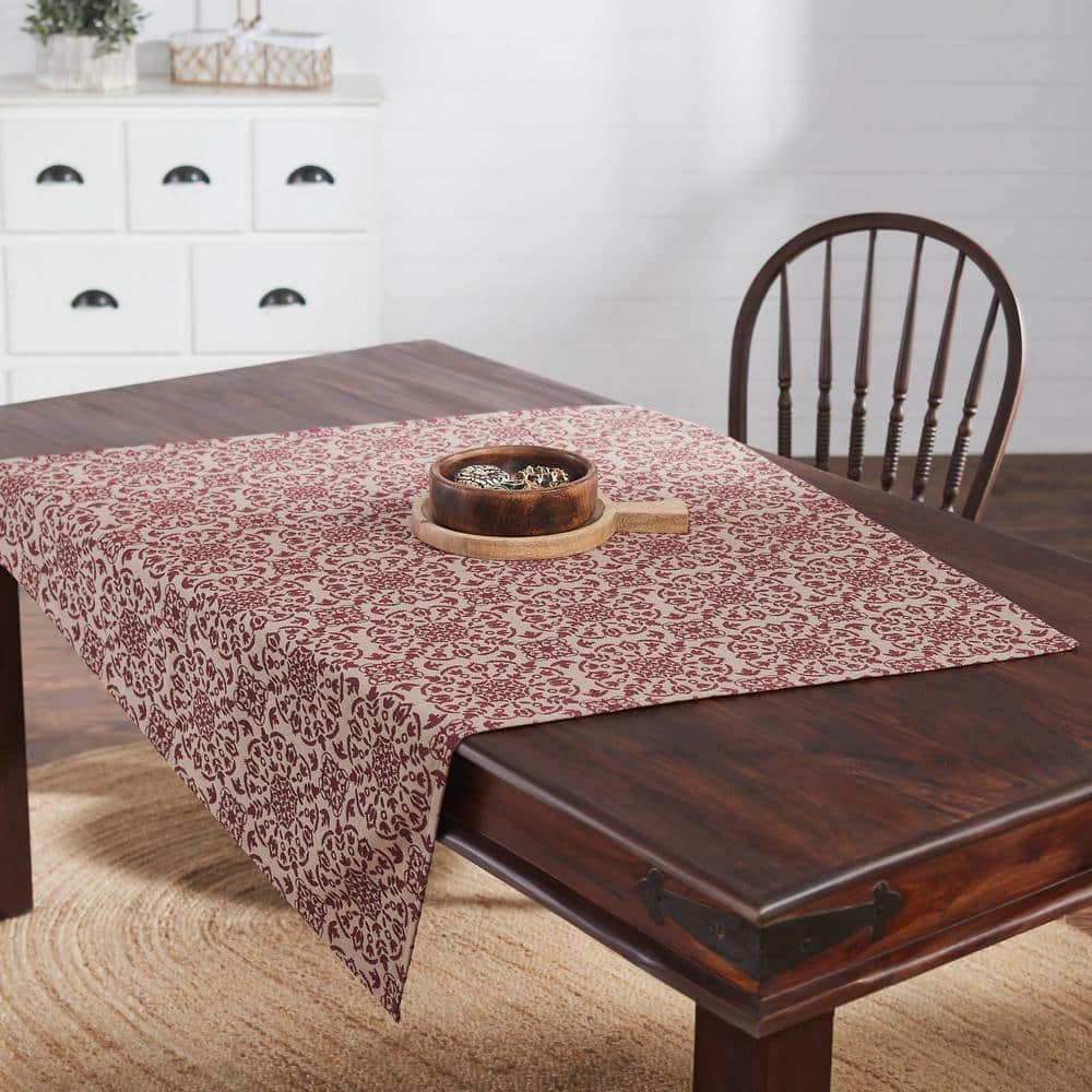 Burgundy and Tan Cotton Blend Square Table Topper 42" x 42"