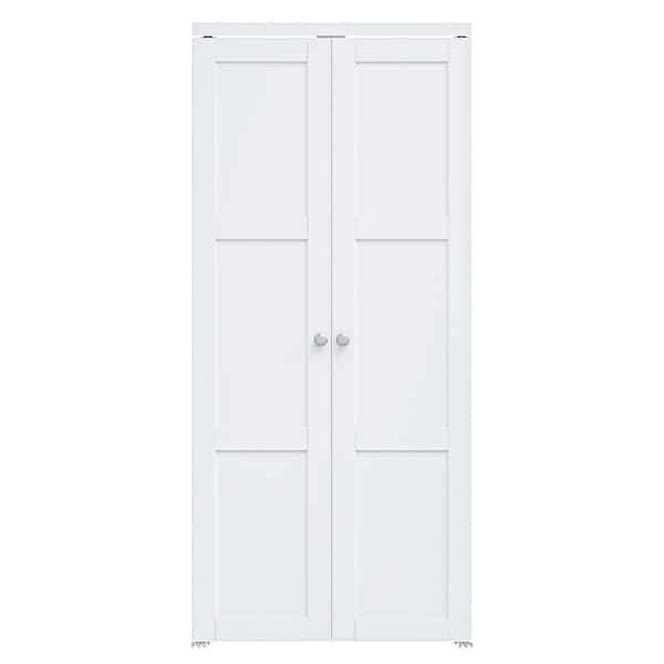36 in. x 80 in. Solid Core Composite MDF Bi-Fold Door French Style Pivot Hardware (3-Lite White Finish)