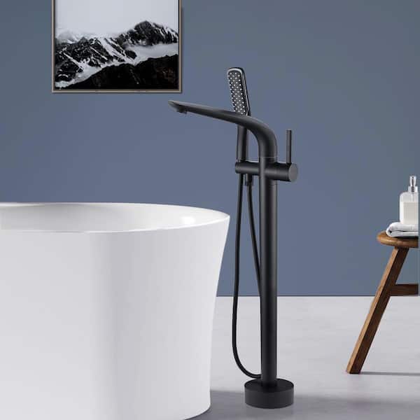 Satico 1-Handle Freestanding Floor Mount Tub Faucet Bathtub Filler with Hand Shower in Matte Black
