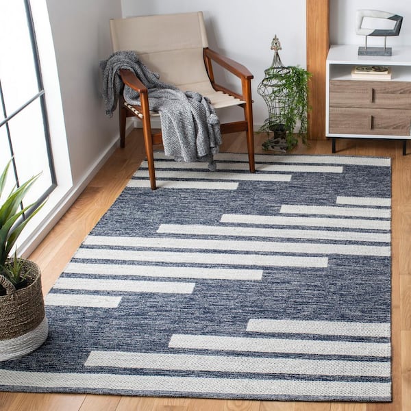Striped Kilim Navy Ivory Doormat 3 ft. x 3 ft. Abostract Striped Square Area Rug