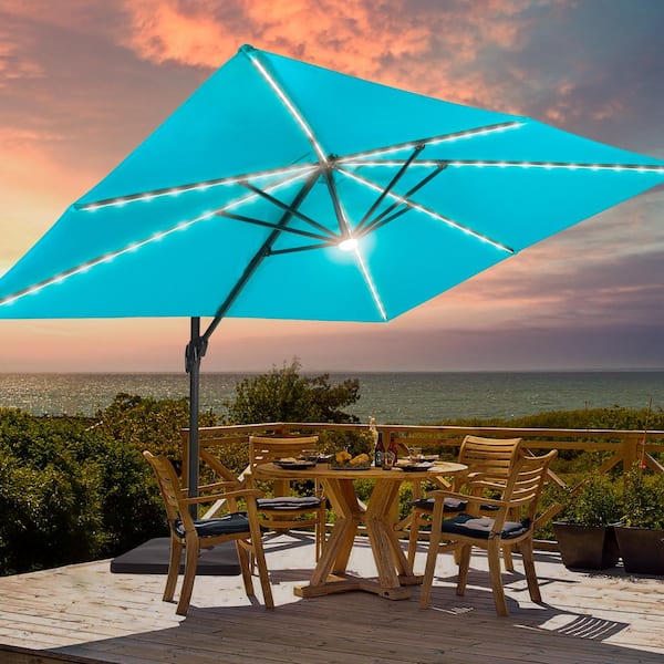 Sonkuki Lake Blue Premium 11.5 x 9 ft. LED Cantilever Patio Umbrella with a Base and 360° Rotation and Infinite Canopy Angle